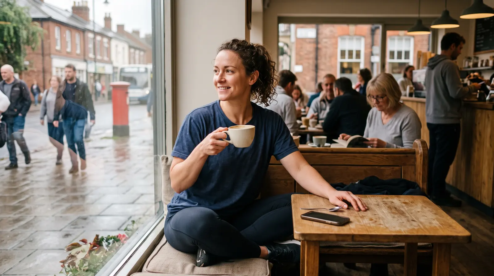 A personal trainer in workout clothes relaxing with a coffee in a café window seat, her phone on the table