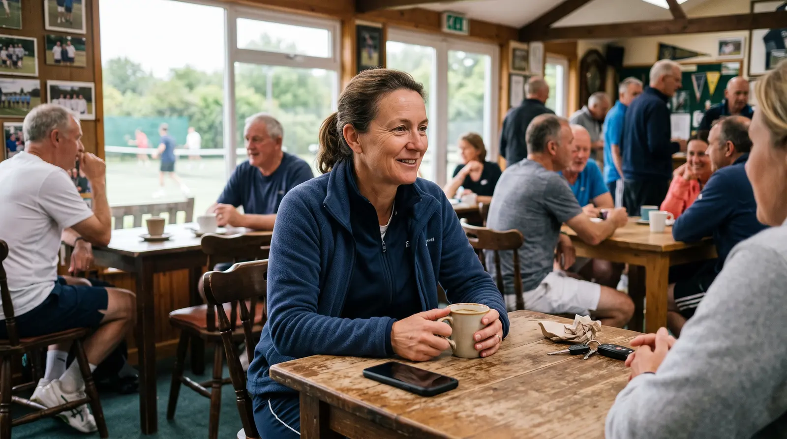 A tennis coach in a busy clubhouse with a mug of tea, chatting across the table, her phone beside her