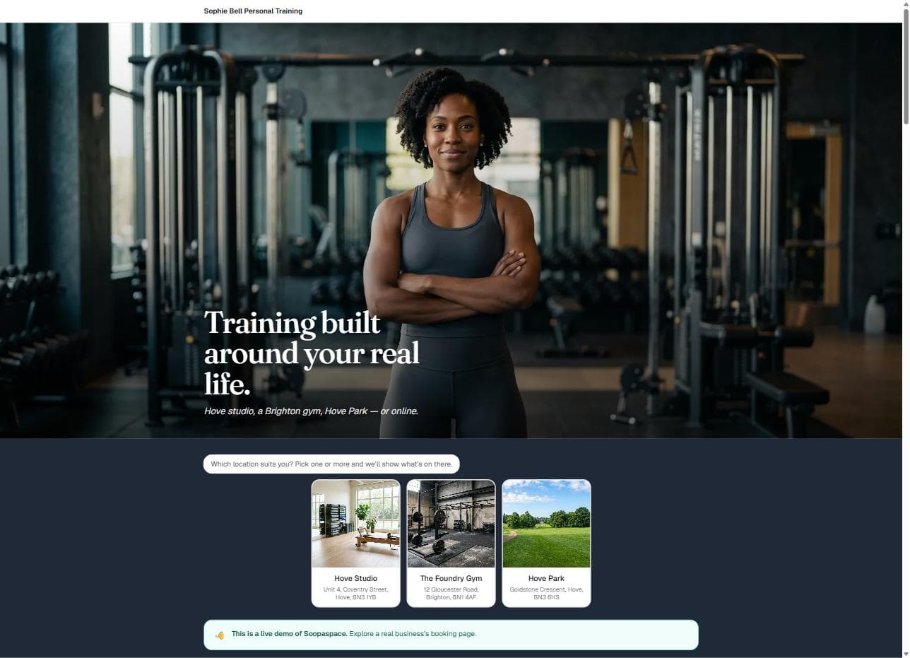 A booking page built and edited in Soopaspace