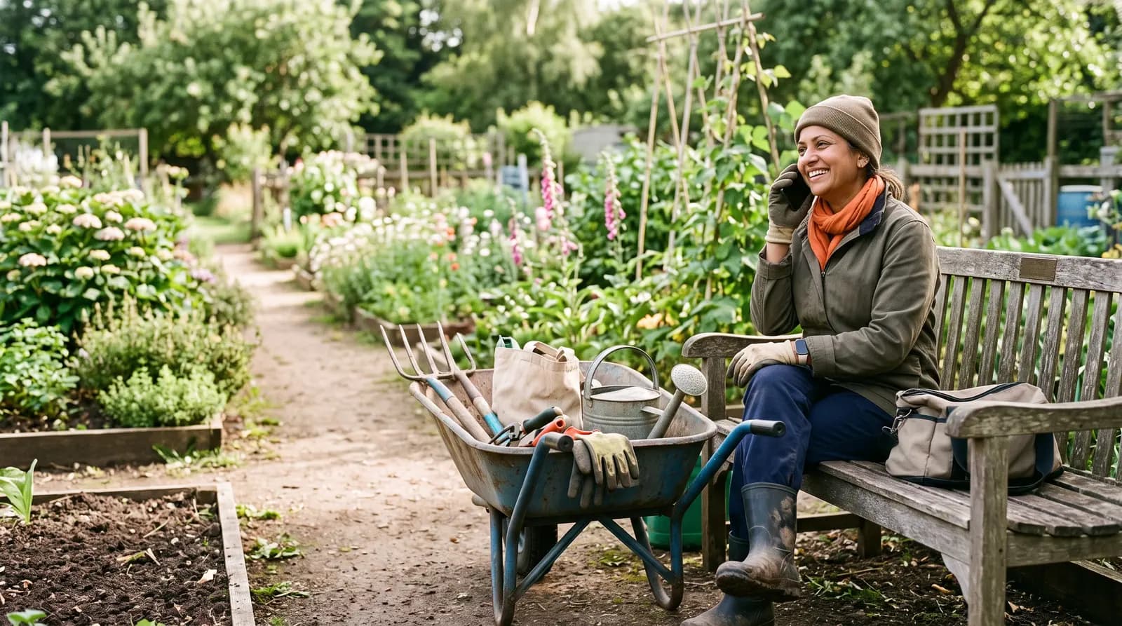 A gardener on a garden bench talking into her phone, a wheelbarrow of tools beside her