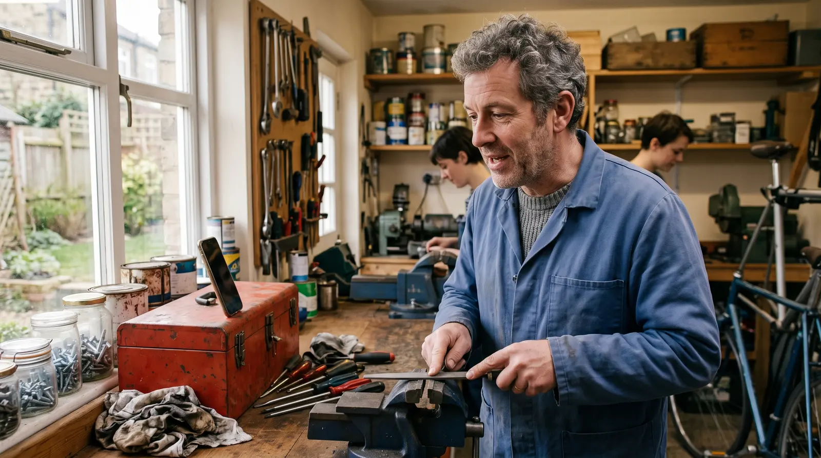 A man in his workshop talking to his phone, propped on a red toolbox, while he files at the vice