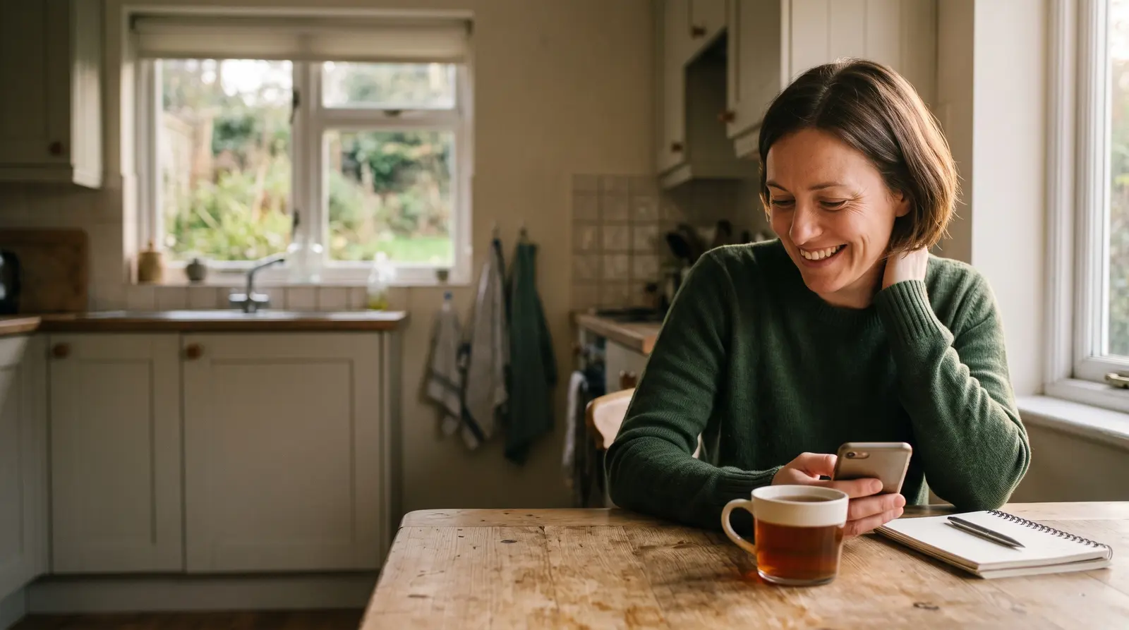 A self-employed woman at her kitchen table smiling as she reads her phone
