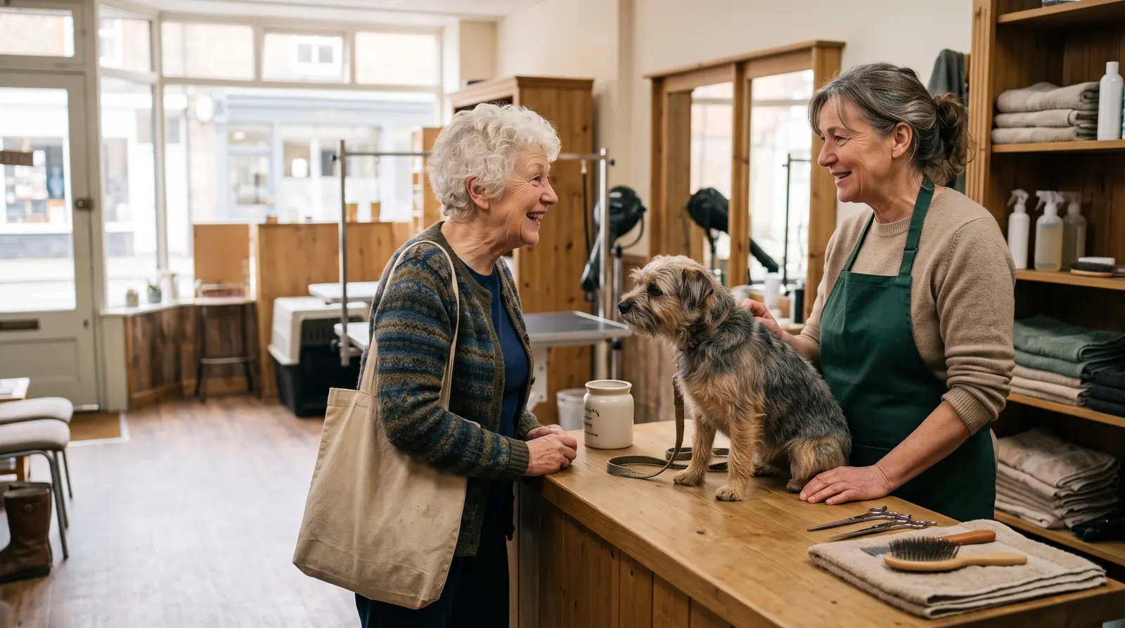 A dog groomer chatting with a regular client across her studio counter, a terrier sitting on the counter between them