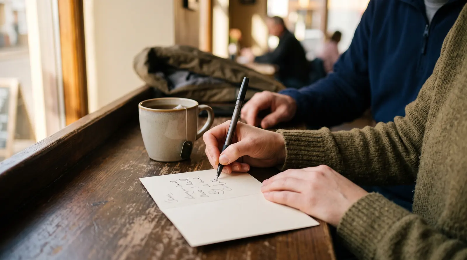 A hand writing a note on a paper card beside a mug of tea