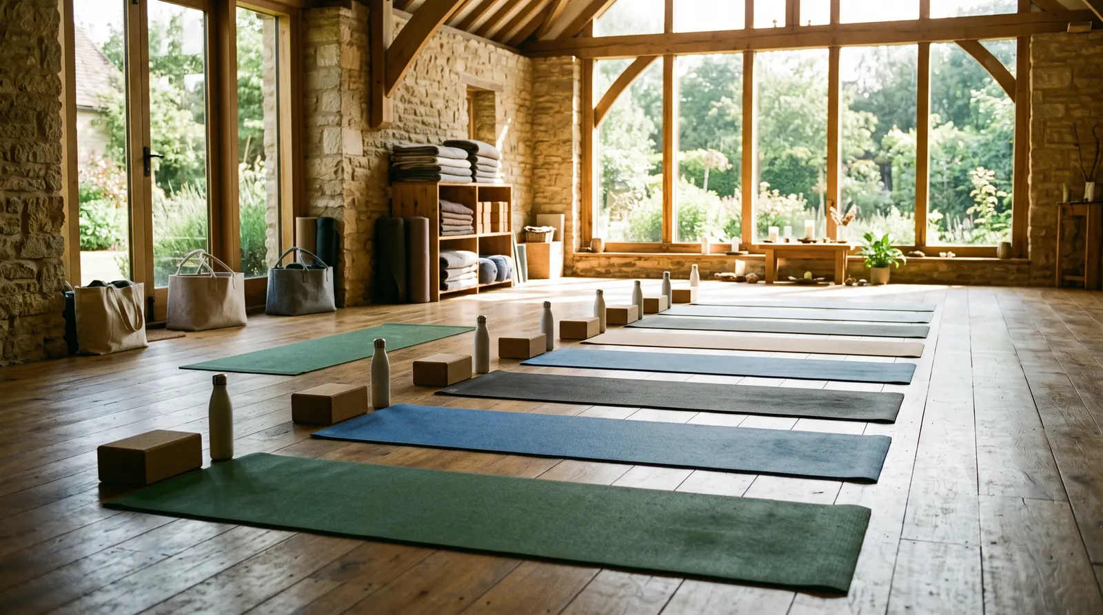 A row of empty mats laid out before a class