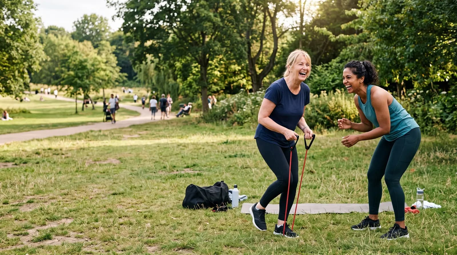 A personal trainer laughing with a client during a session in a park