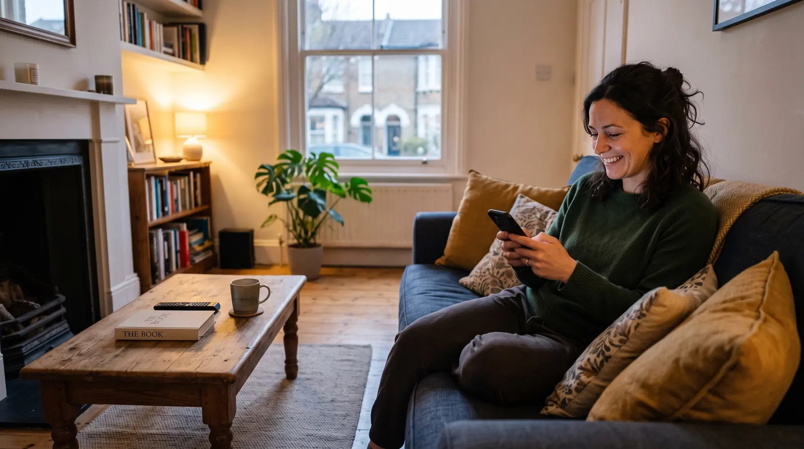A woman on her sofa booking an appointment on her phone