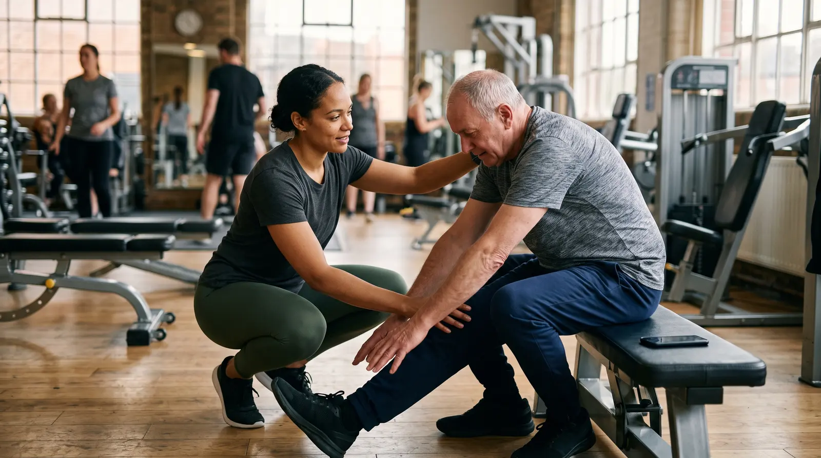 A personal trainer coaching a client, his phone face down