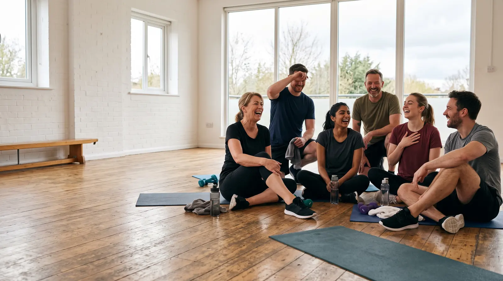 A small fitness class laughing together after a workout