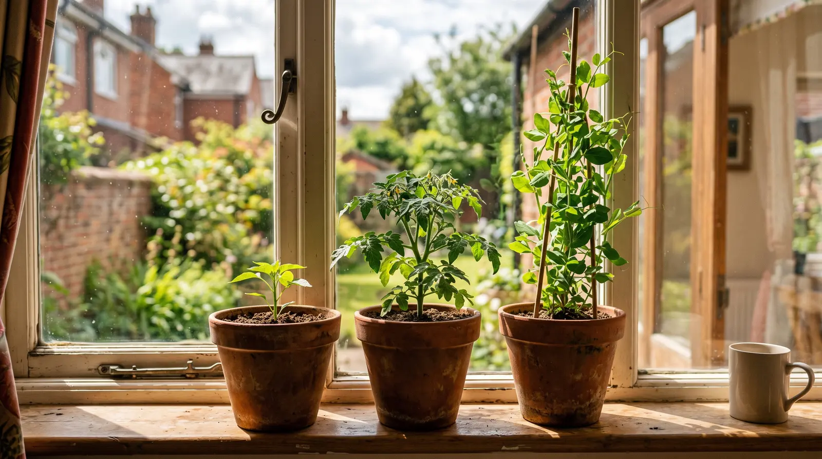 Three small plant pots on a windowsill, each plant a little taller