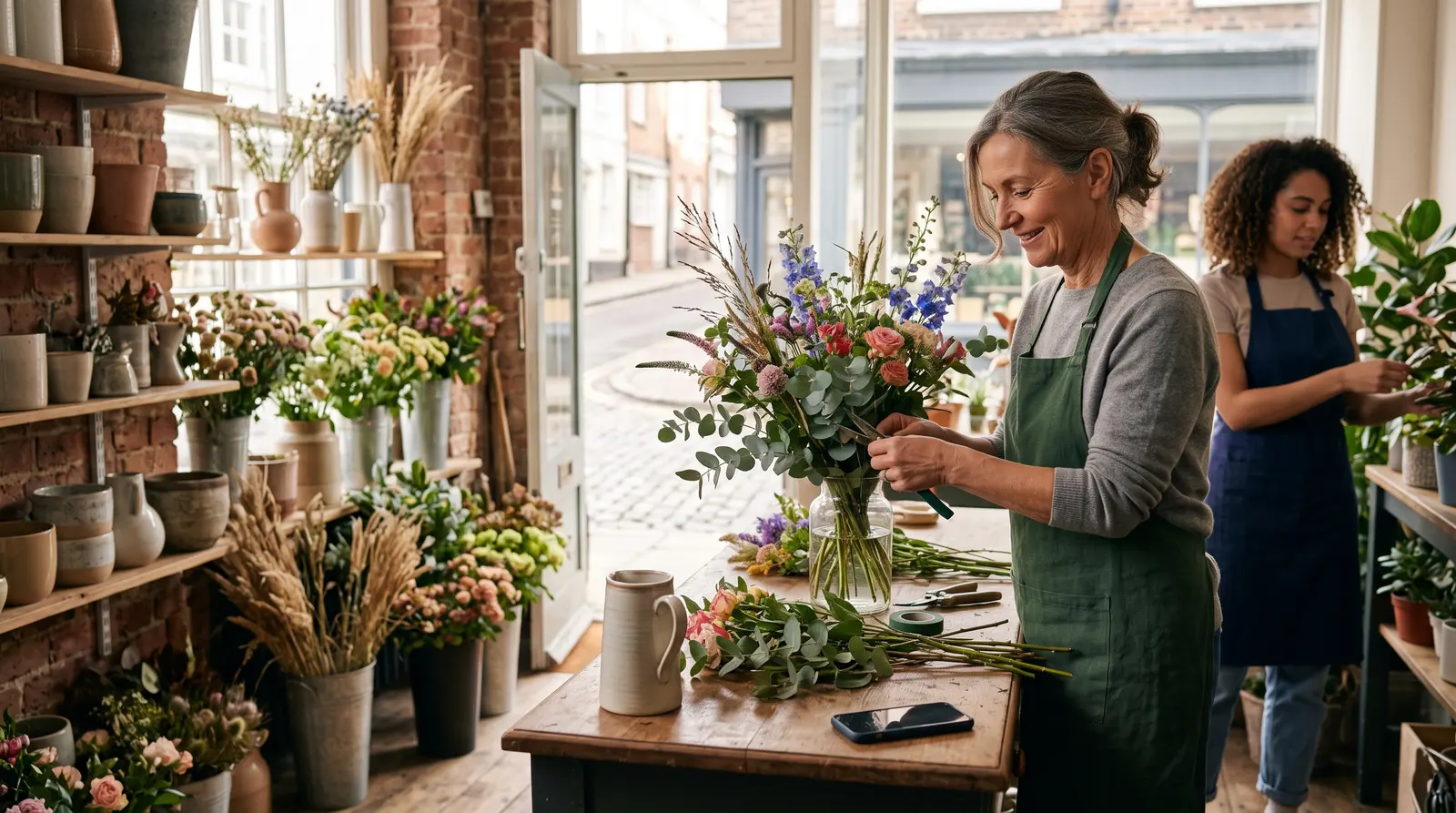A florist arranging a bouquet in her shop
