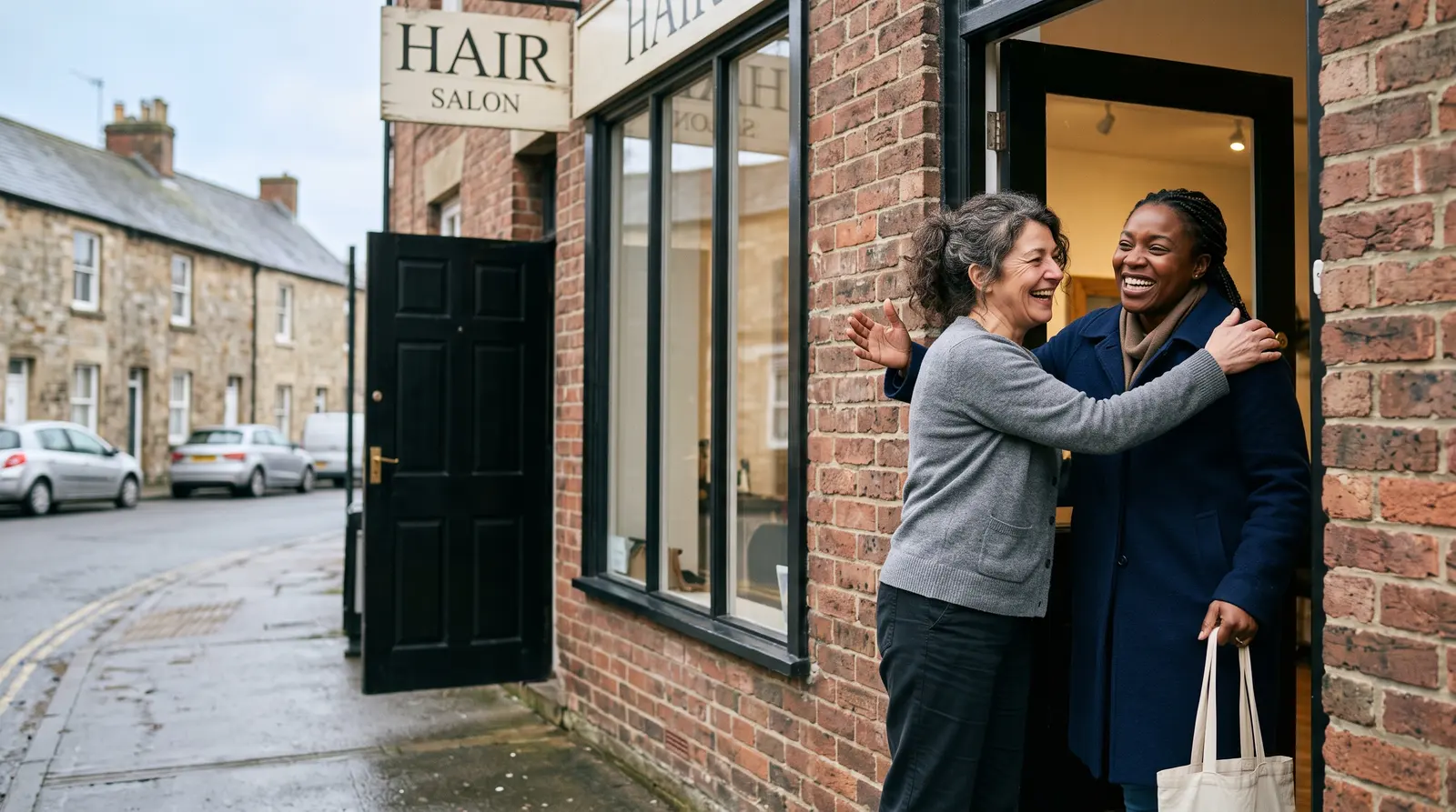 A hairdresser warmly greeting a returning client
