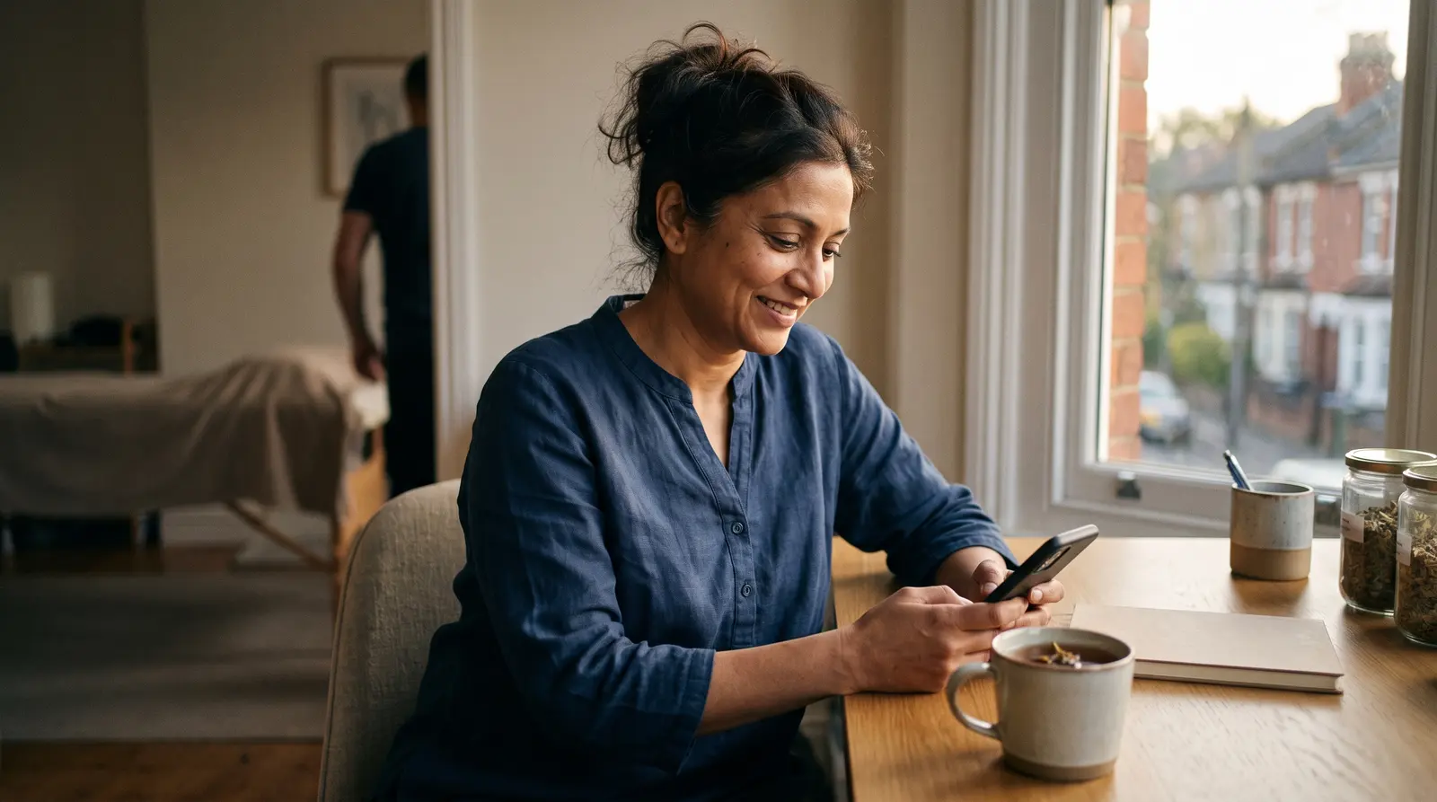 An acupuncturist at a tidy desk between clients, checking the phone