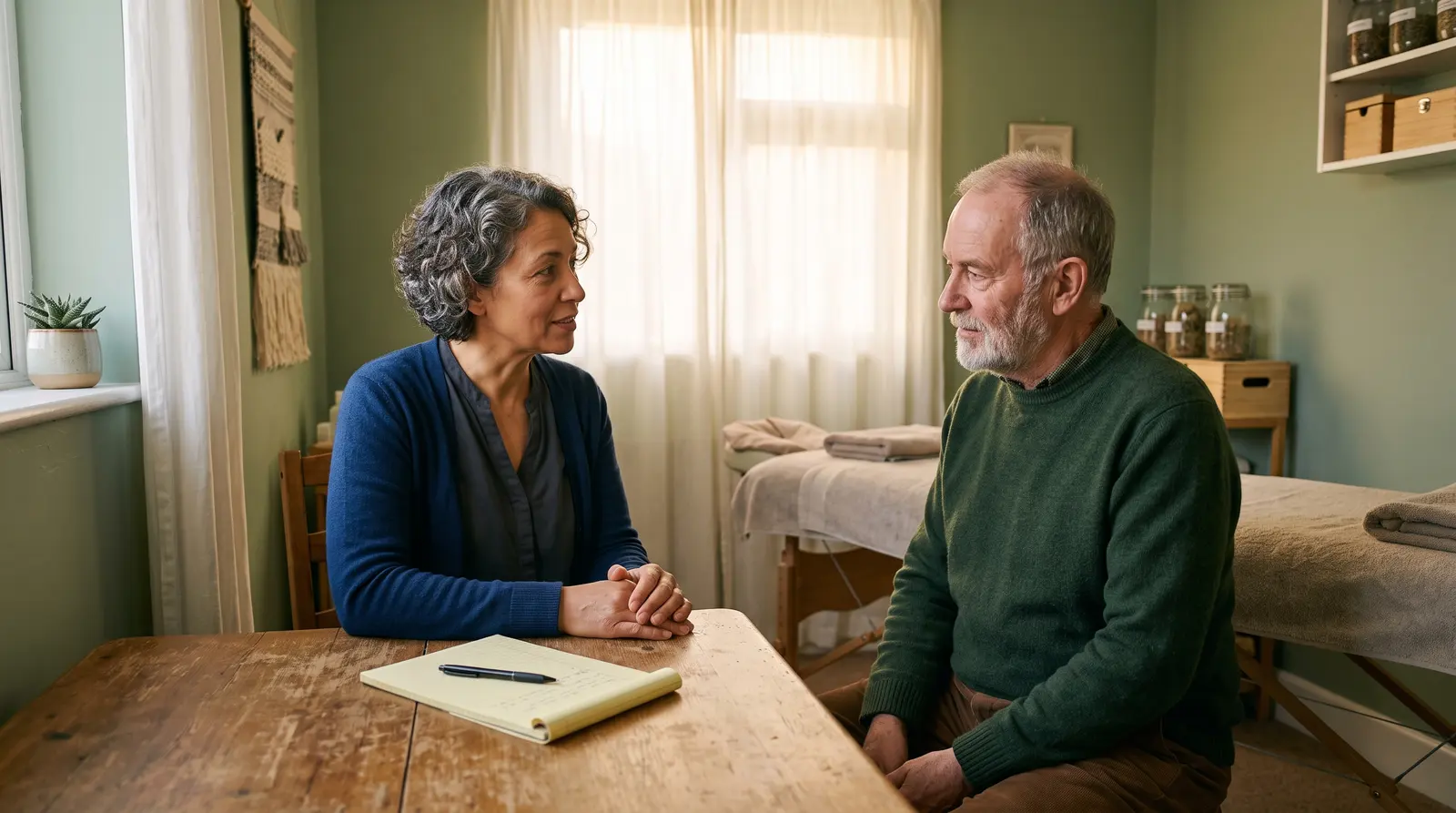 An acupuncturist talking through an assessment with a new client before a treatment