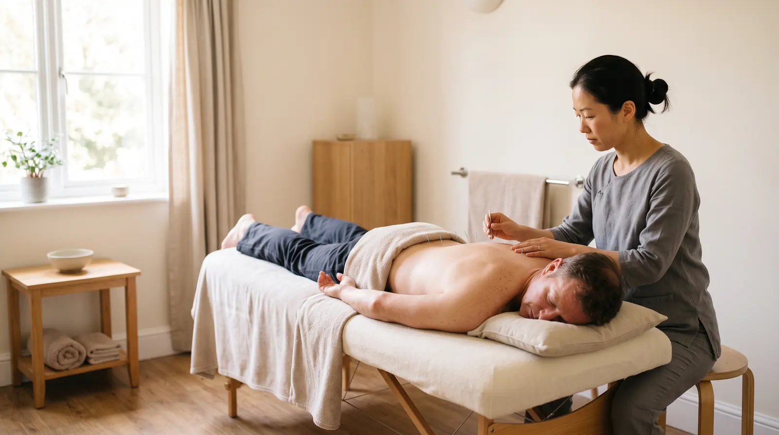 An acupuncturist placing fine needles along a relaxed client’s back in a calm, warm treatment room