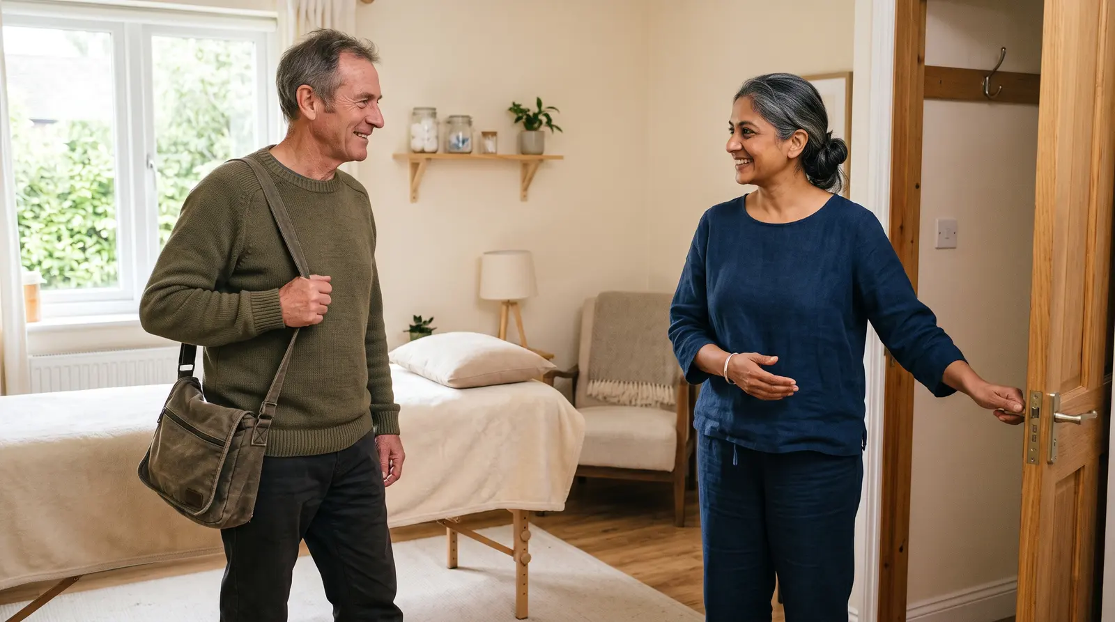 An acupuncturist welcoming a returning client into a calm treatment room