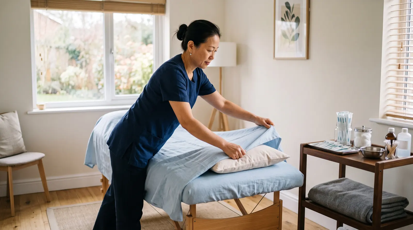 An acupuncturist preparing a calm treatment room with a couch and soft light