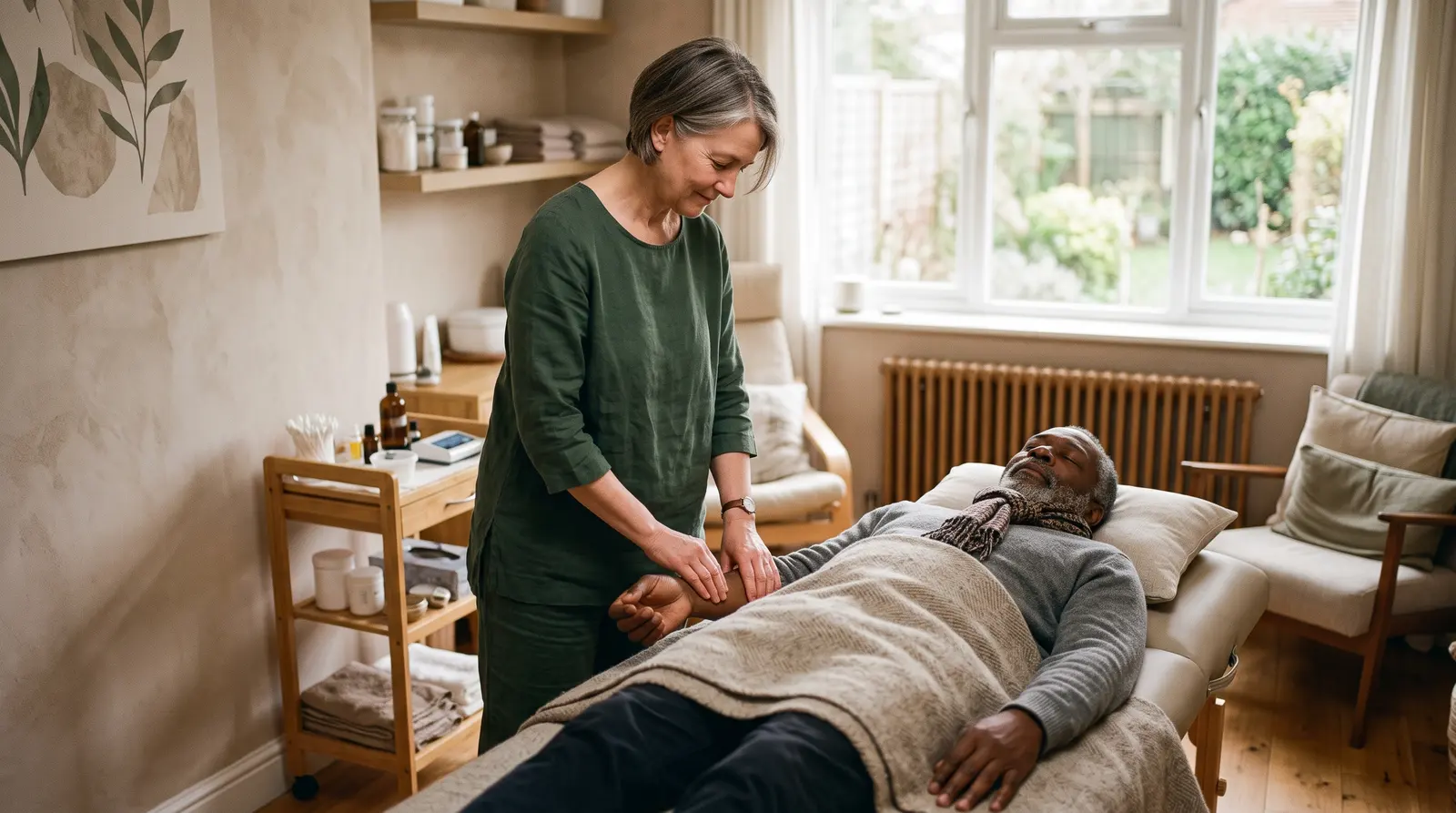 An acupuncturist gently placing a needle in a client’s shoulder in a serene room