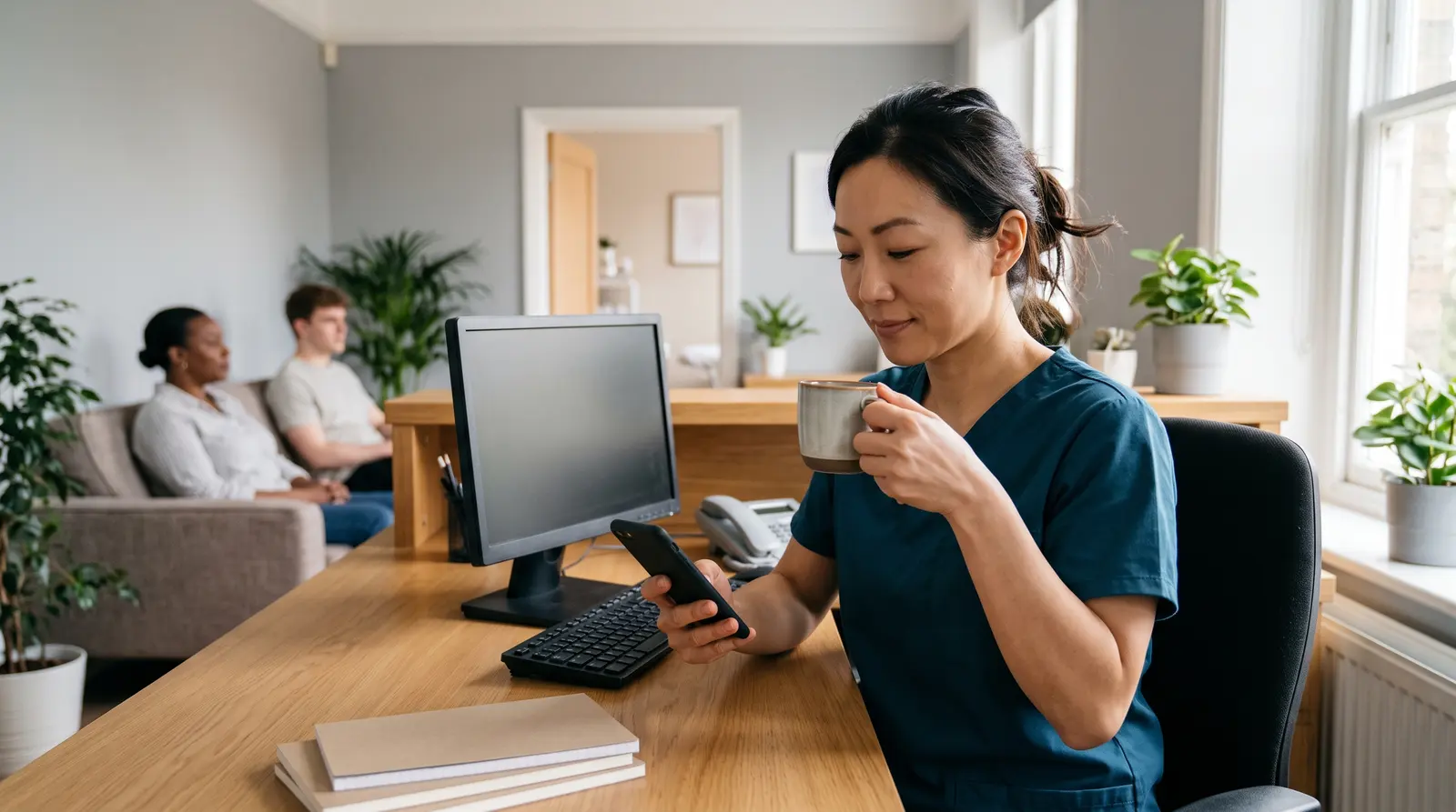 An aesthetics practitioner checking her phone between clients at a tidy clinic desk