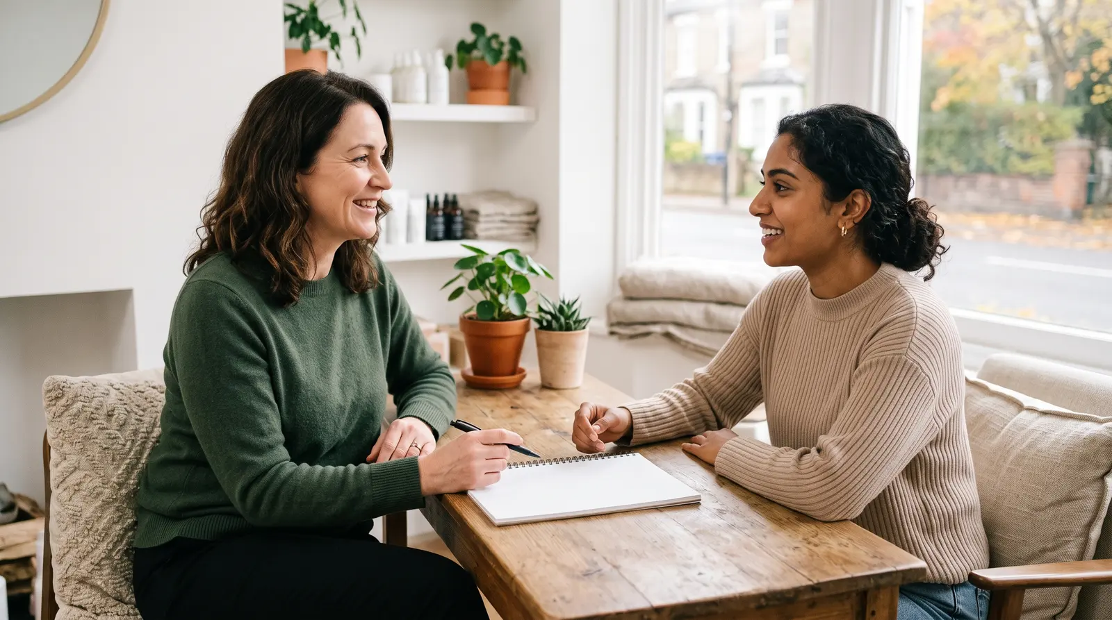 An aesthetics practitioner and a new client discussing options at a desk in a bright clinic