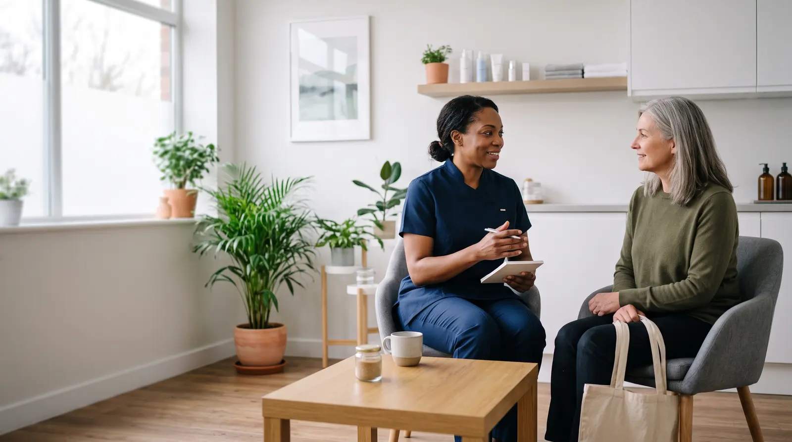 An aesthetics practitioner in a clean, modern clinic talking with a client about a treatment plan