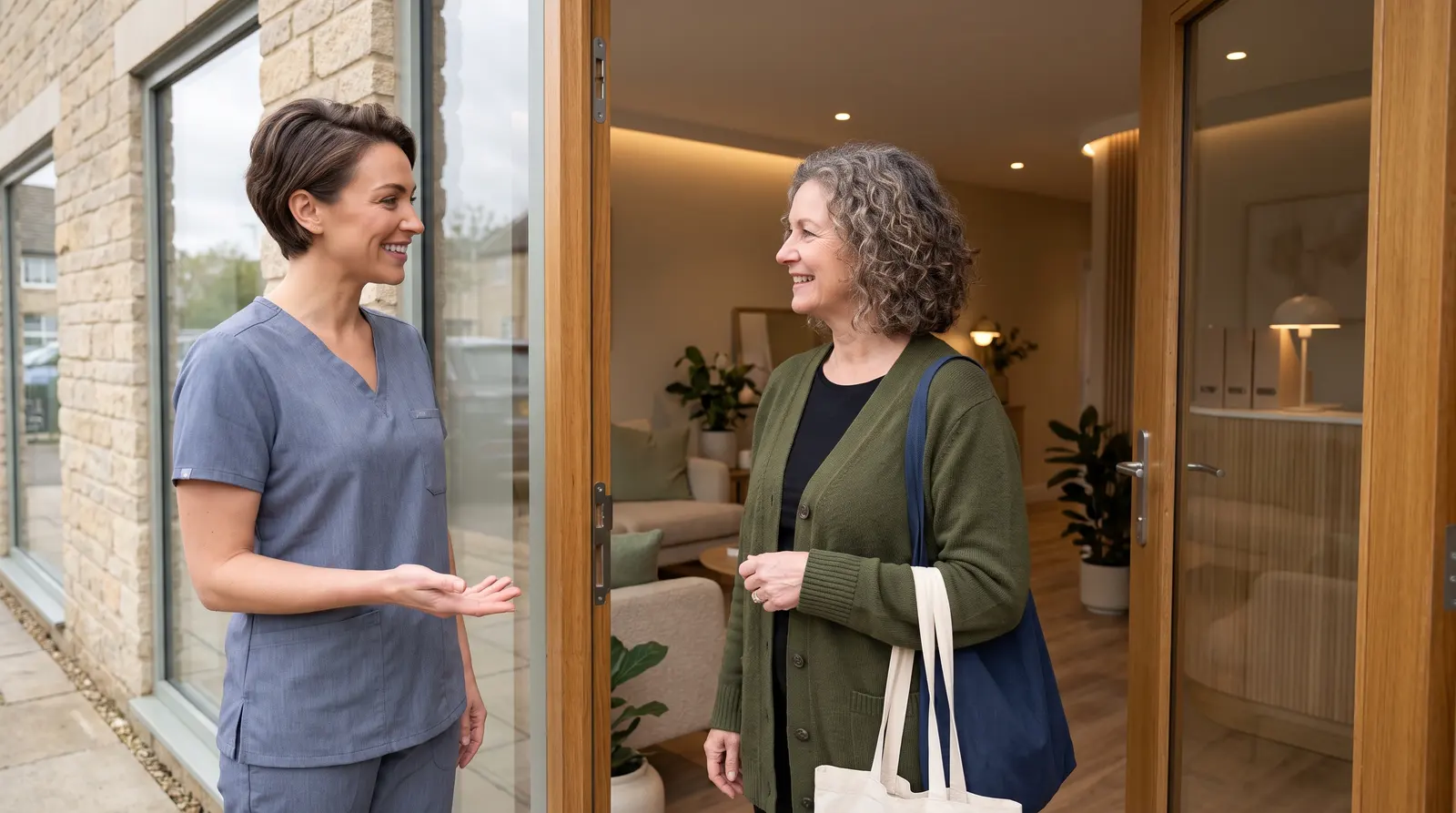 An aesthetics practitioner welcoming a returning client into a modern clinic