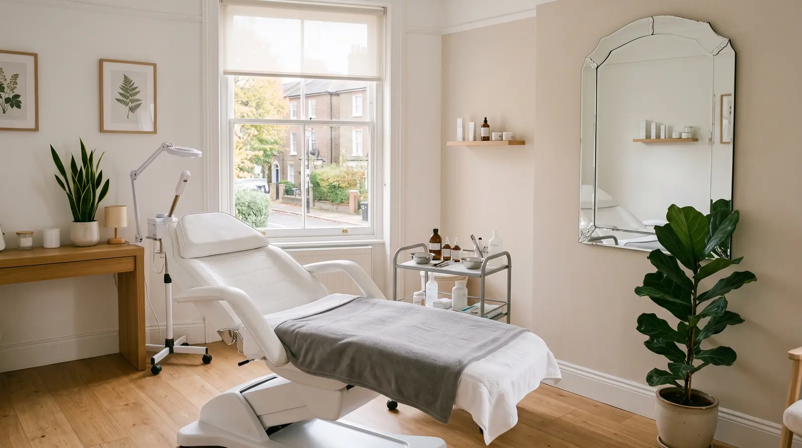 A clean, modern aesthetics clinic room prepared for the next client