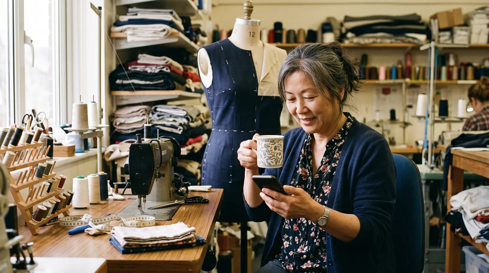 A seamstress checking her phone on a break with a cup of tea, pins and thread on the table, screen not visible