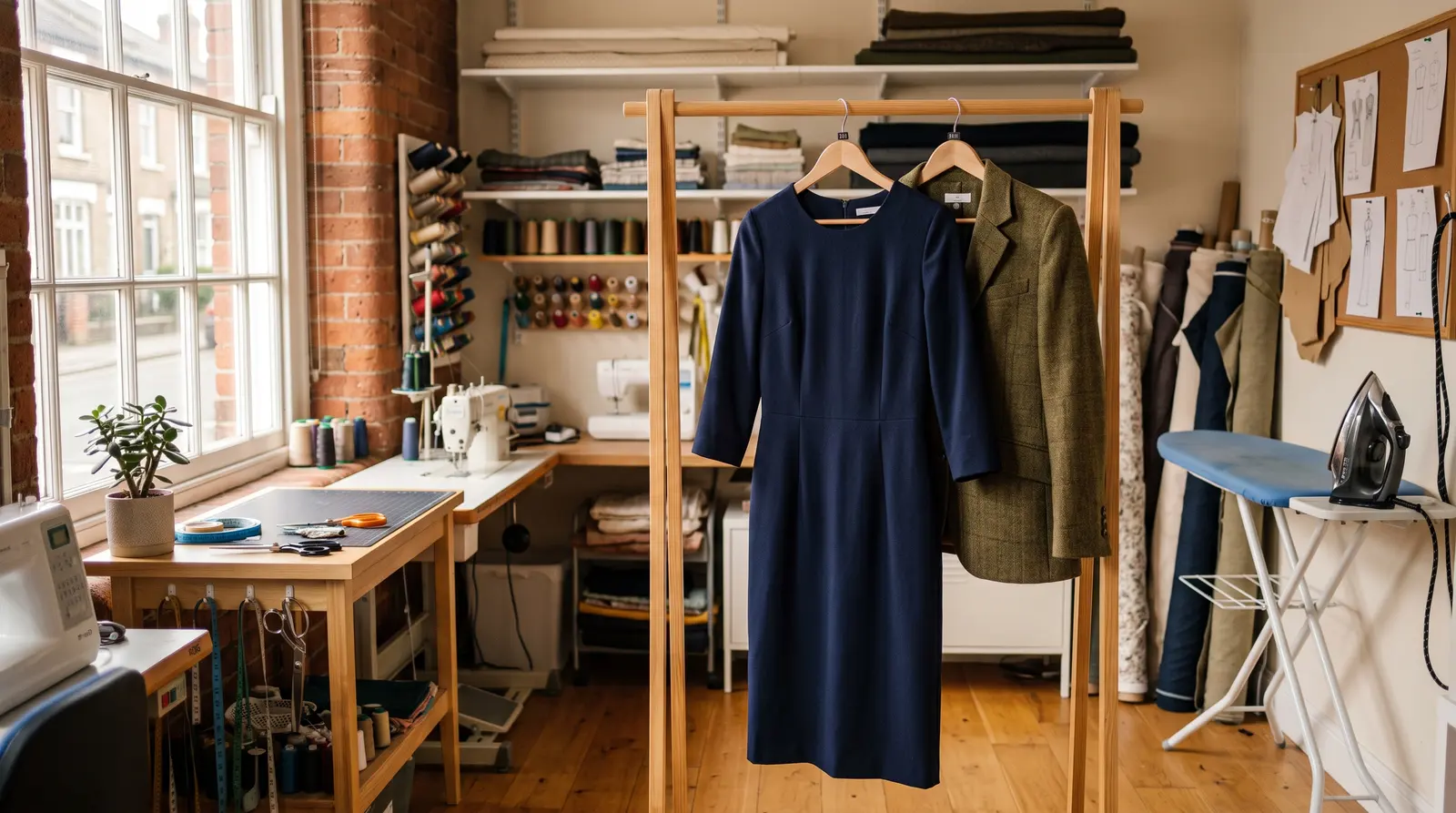 A finished dress pressed and hung on a rail ready for collection in the studio, nobody in the picture