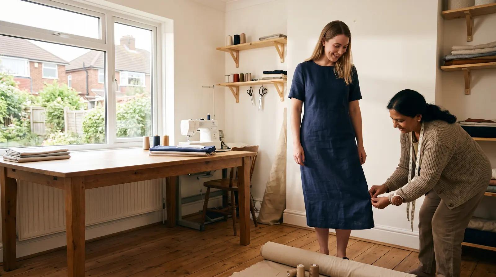 A seamstress pinning a hem on a garment at her work table in a bright, tidy studio, calm and precise