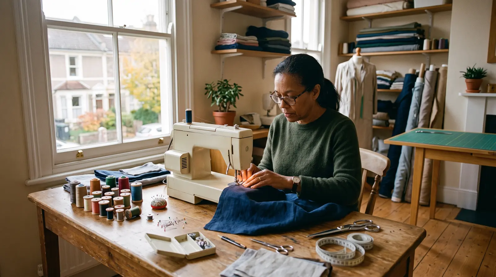 A seamstress guiding fabric under the needle of her sewing machine on an alteration, focused on the work