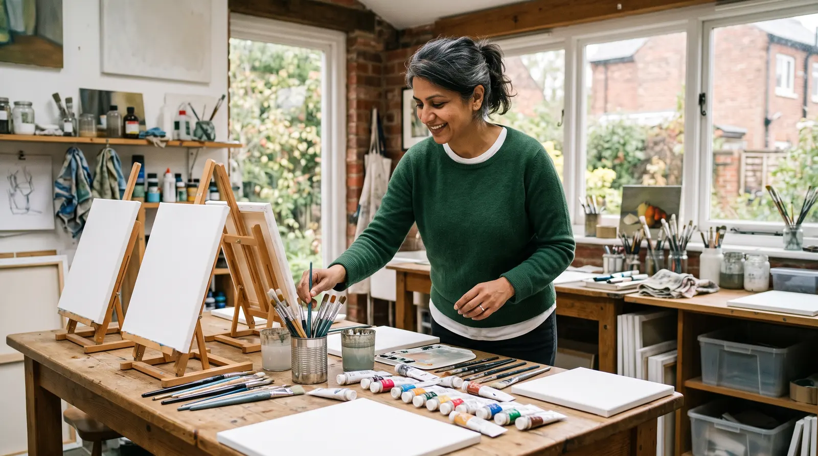 An art teacher at a desk in the evening planning the week with a cup of tea, screen angled away