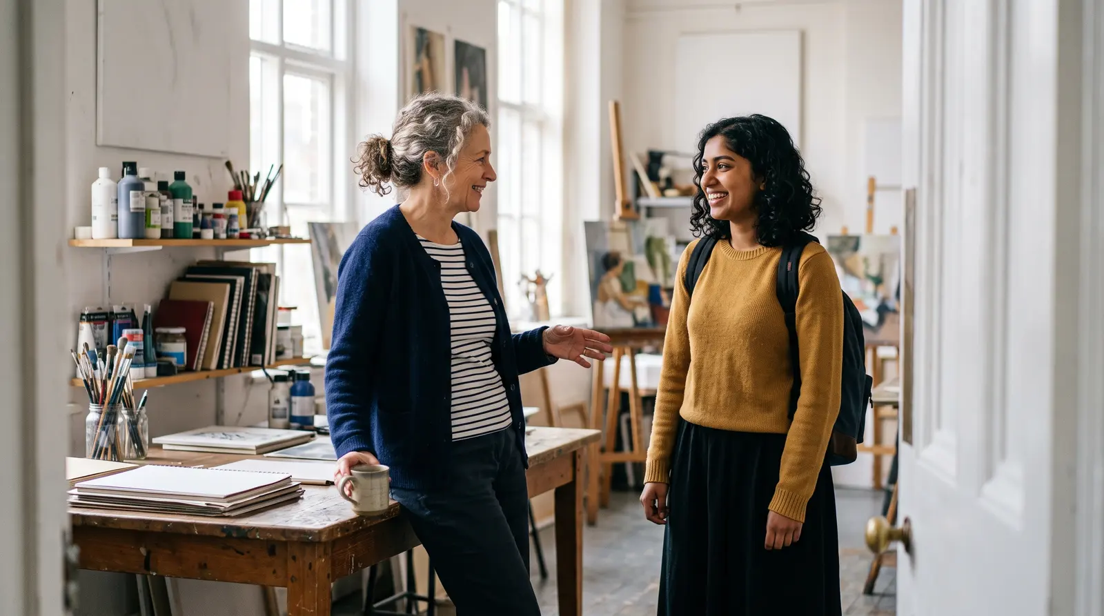 An art teacher and a new student chatting over a sketchbook at a table in a bright studio