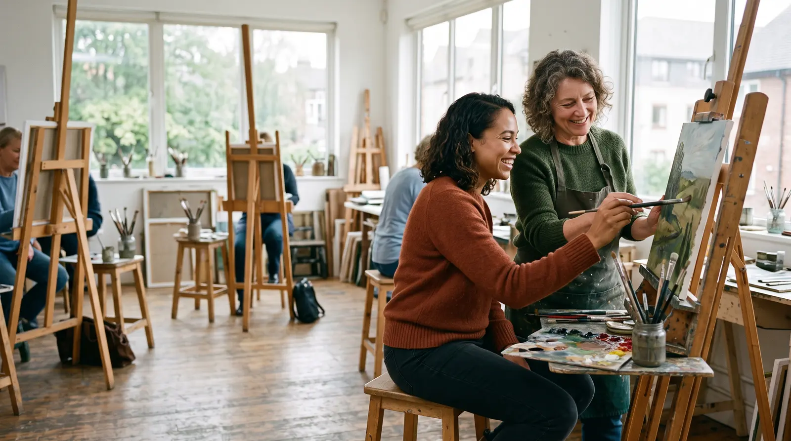 An art teacher guiding a student at an easel in a bright studio, paint and brushes to hand