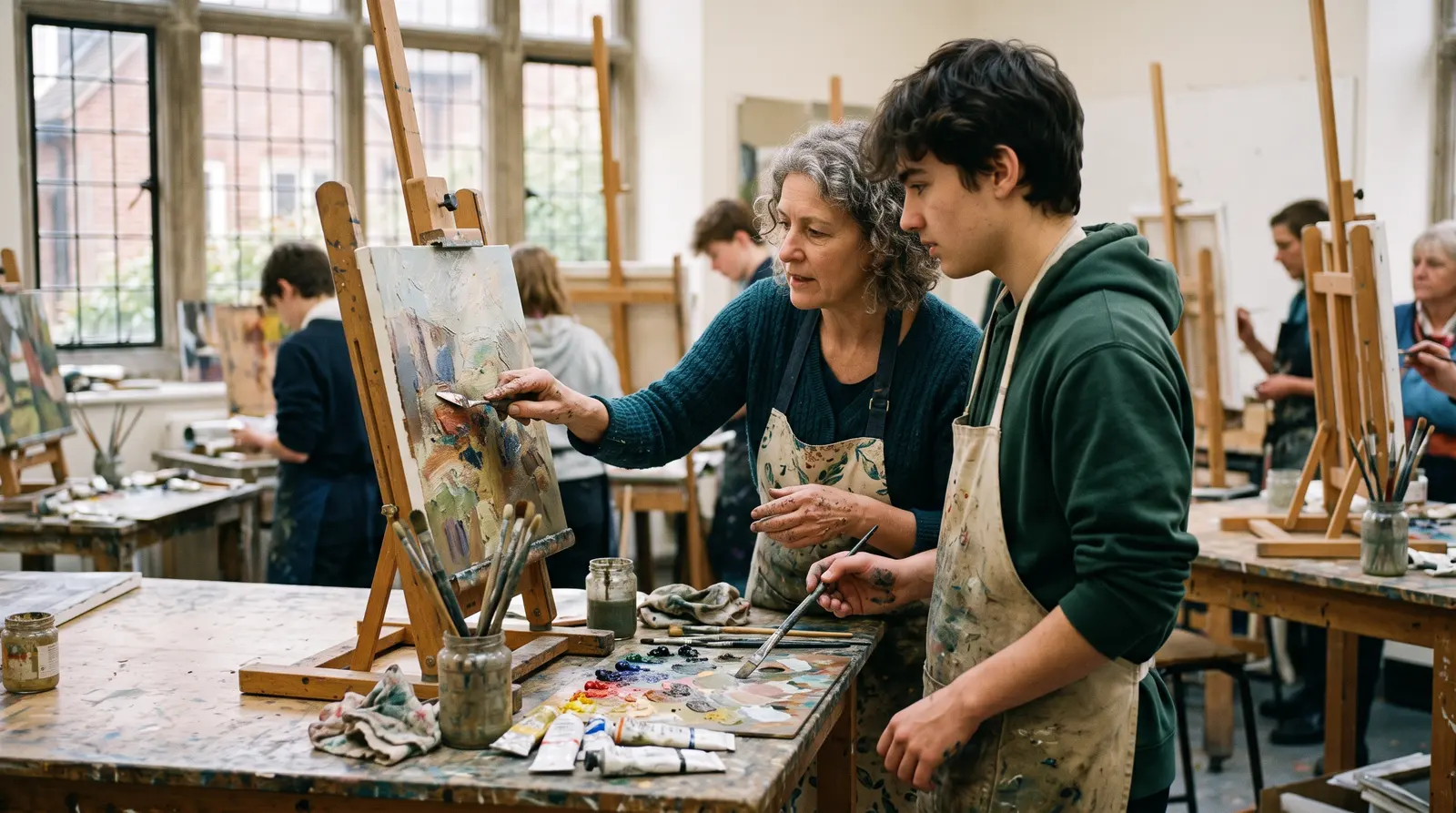 An art teacher helping a learner with a brush stroke at an easel in a sunlit studio