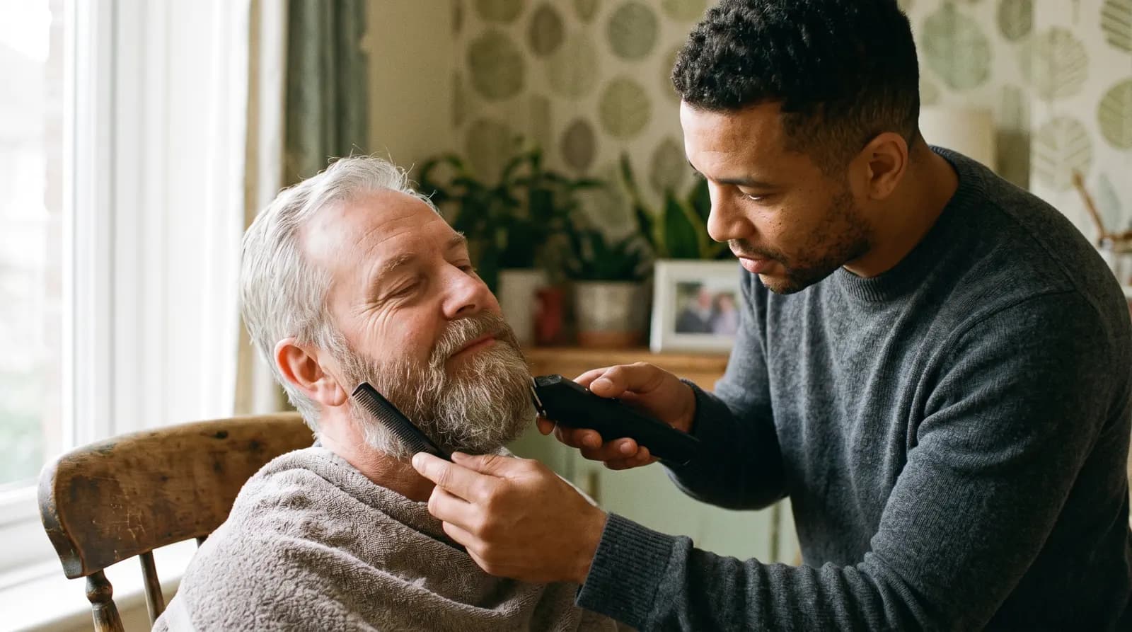 A barber shaping a client’s beard