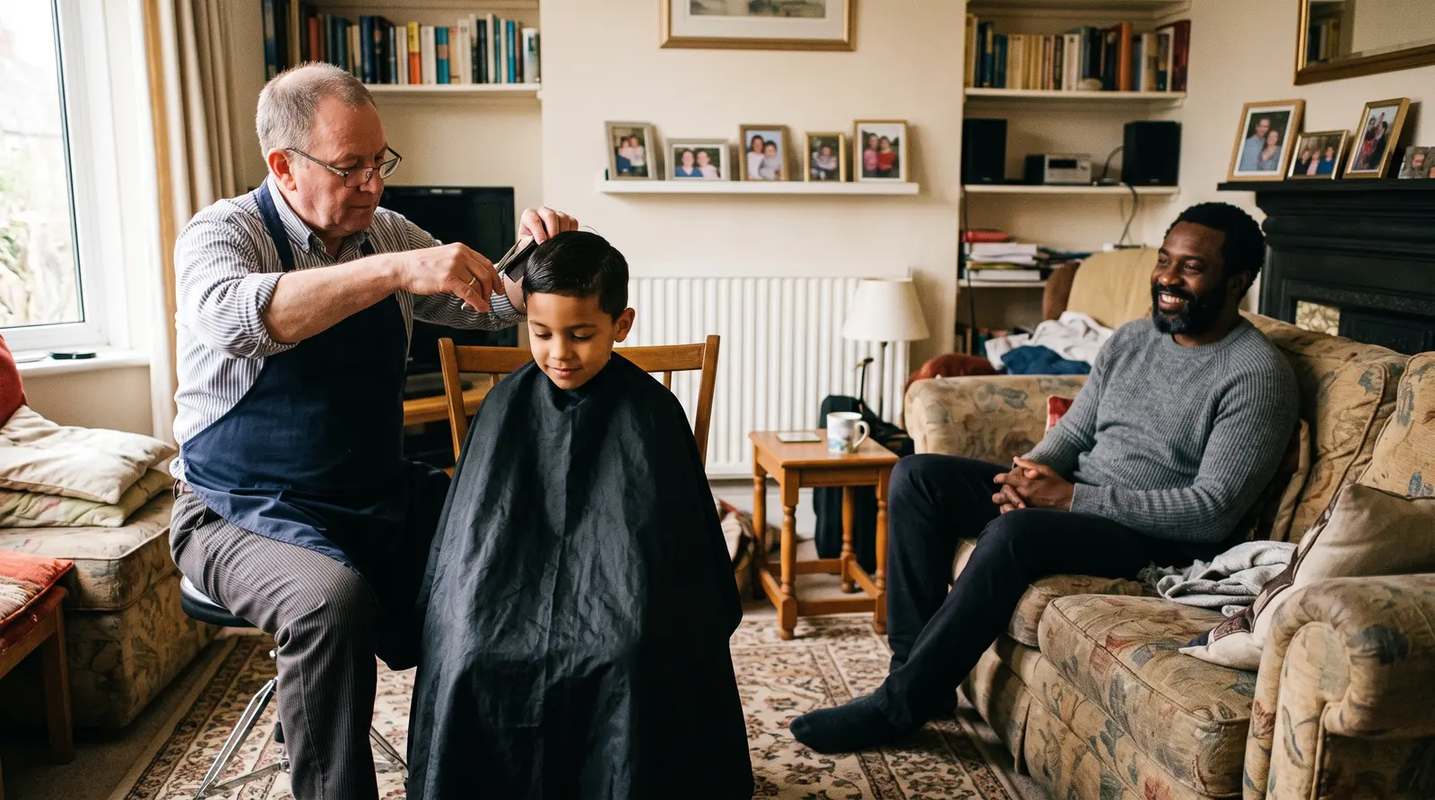 A barber giving a young client a haircut