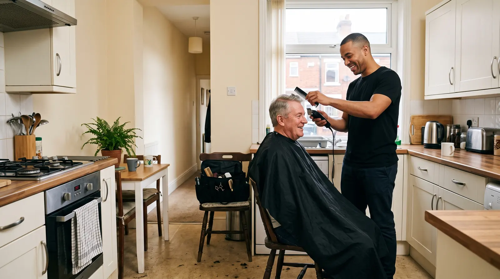 A mobile barber cutting a man’s hair in a home kitchen