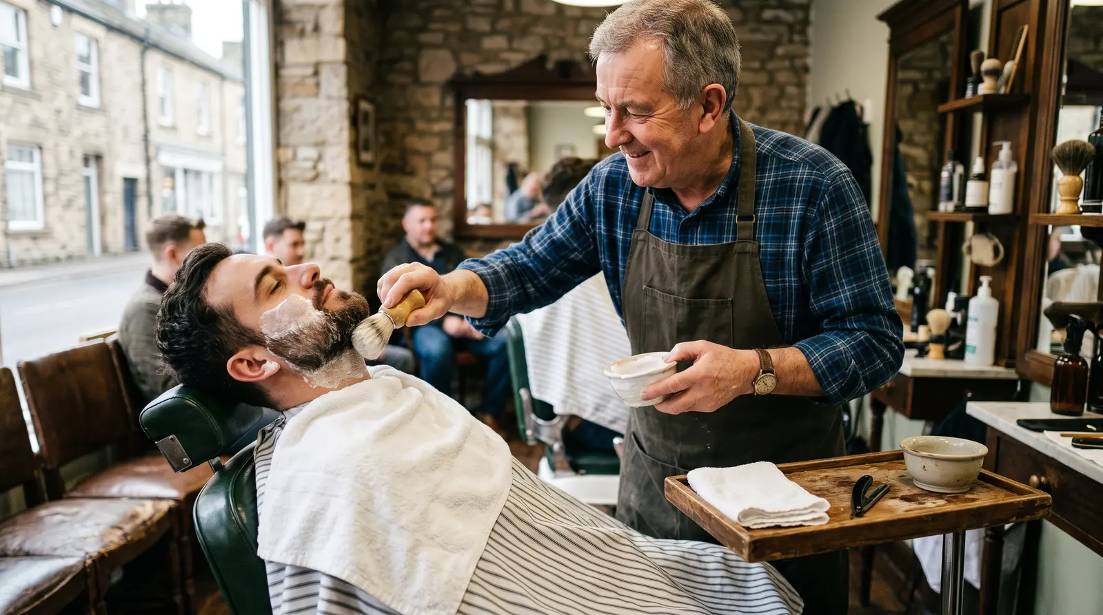A barber giving a client a hot-towel shave