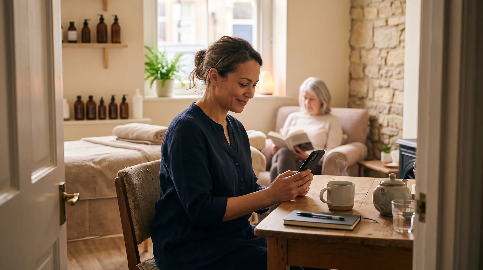 A beautician checking her phone with a herbal tea between clients in a calm room