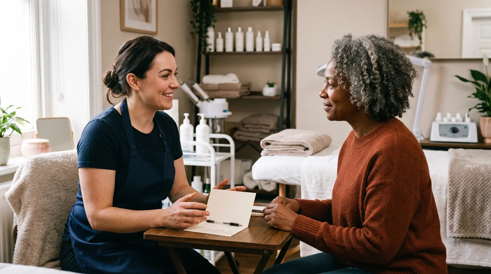 A beautician talking with a new client at a small table in a treatment room