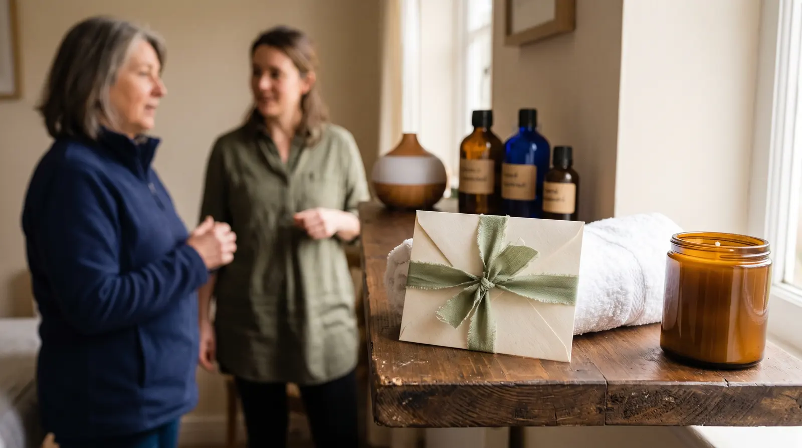 A cream gift envelope tied with a ribbon on a treatment-room shelf beside a rolled towel and a candle