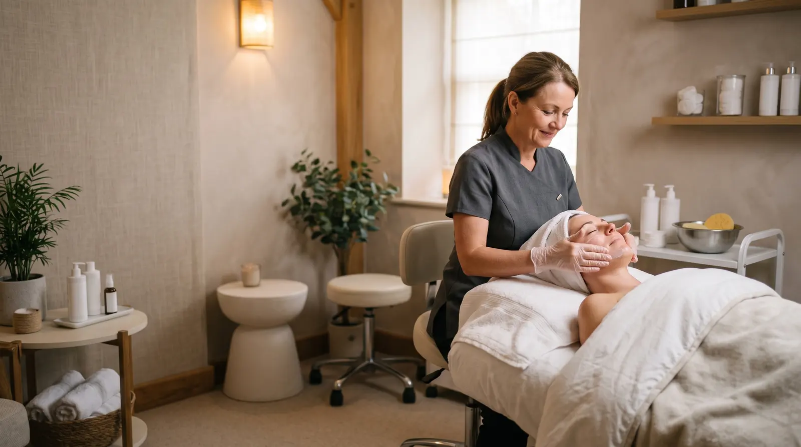 A beautician giving a relaxing facial to a client on a treatment couch in a calm room