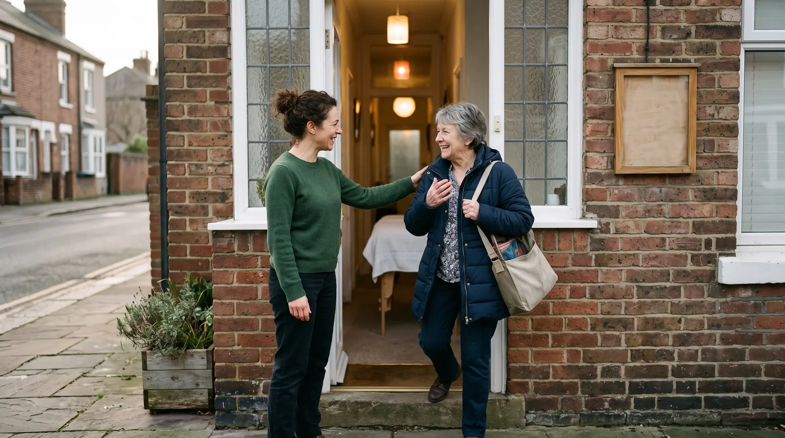 A beautician welcoming a regular client at the door of her treatment room