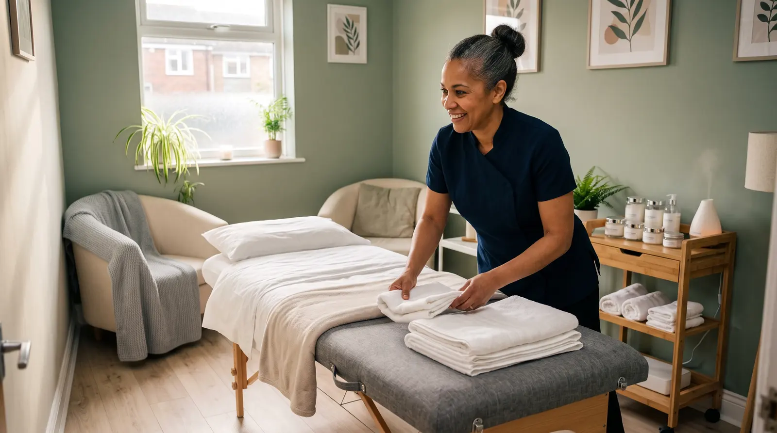 A beautician preparing her calm treatment room for the next client, fresh towels on the couch