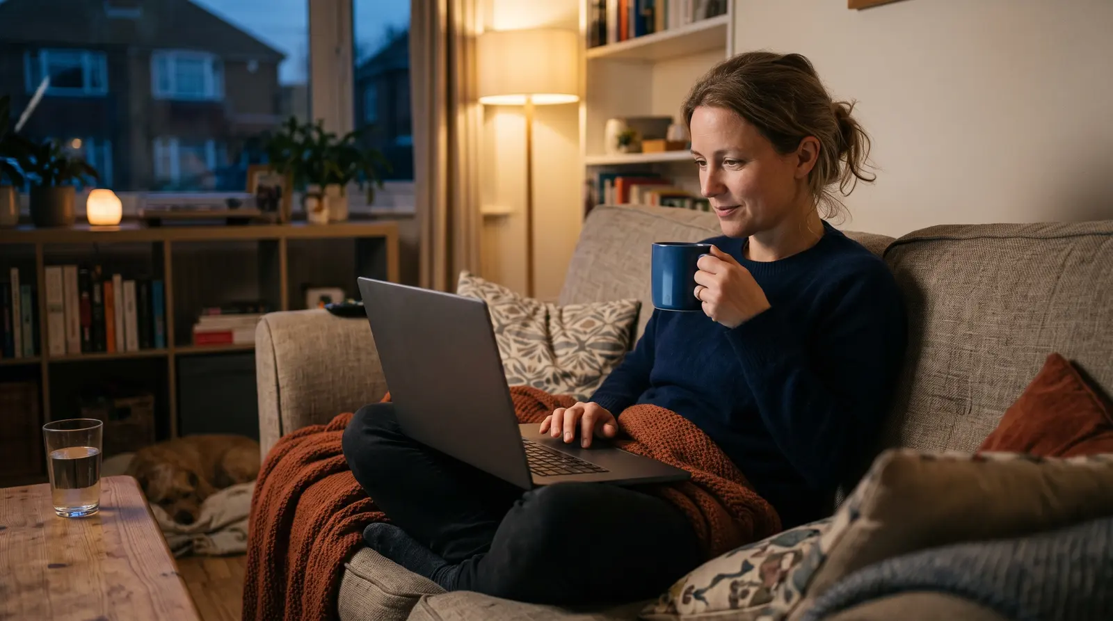 A bookkeeper checking her phone on a break with a cup of tea