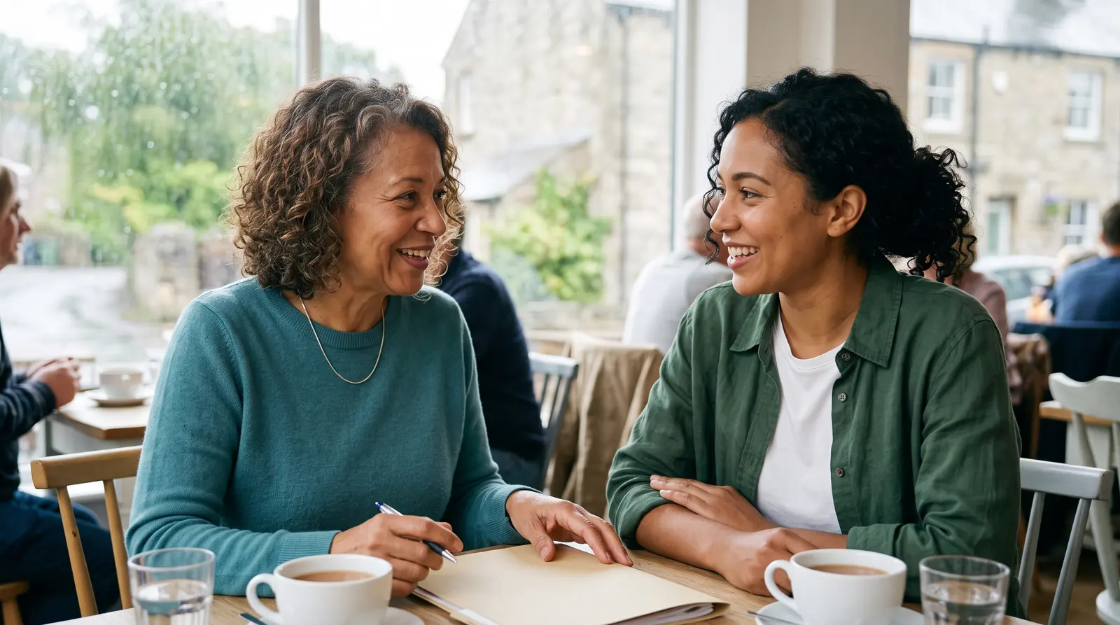 A bookkeeper talking a client through their accounts at a small table