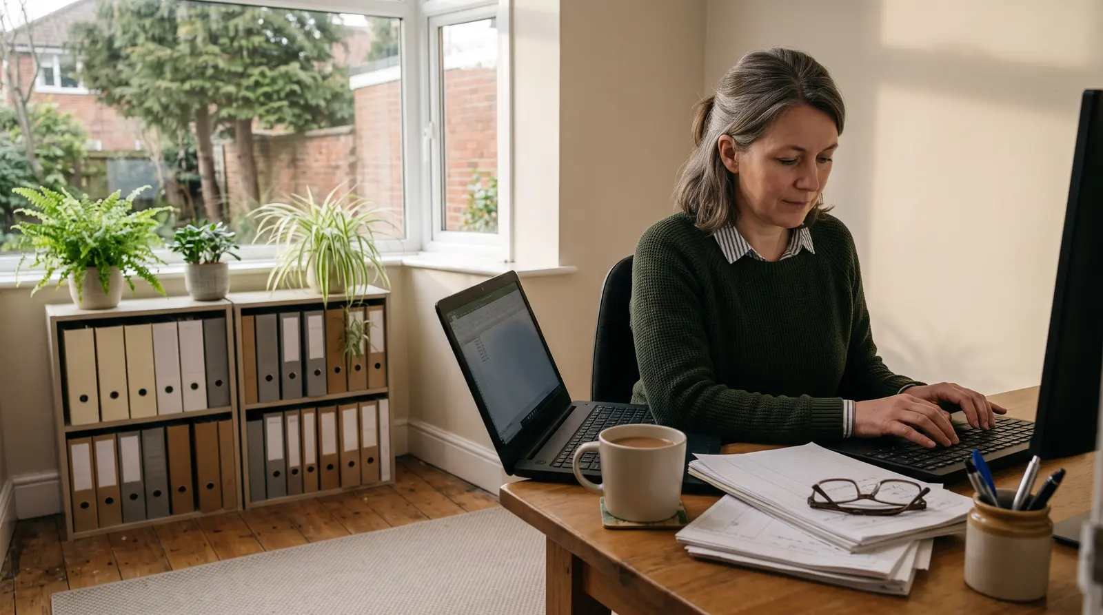A bookkeeper working through the books at a tidy desk with a laptop and a cup of tea, calm and organised