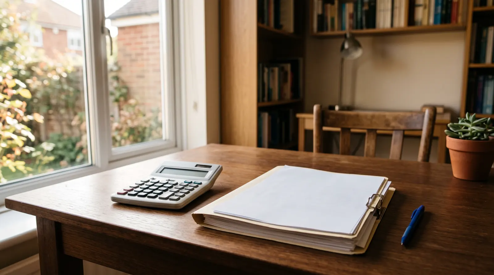 A bookkeeper going through receipts and figures at a bright, orderly desk