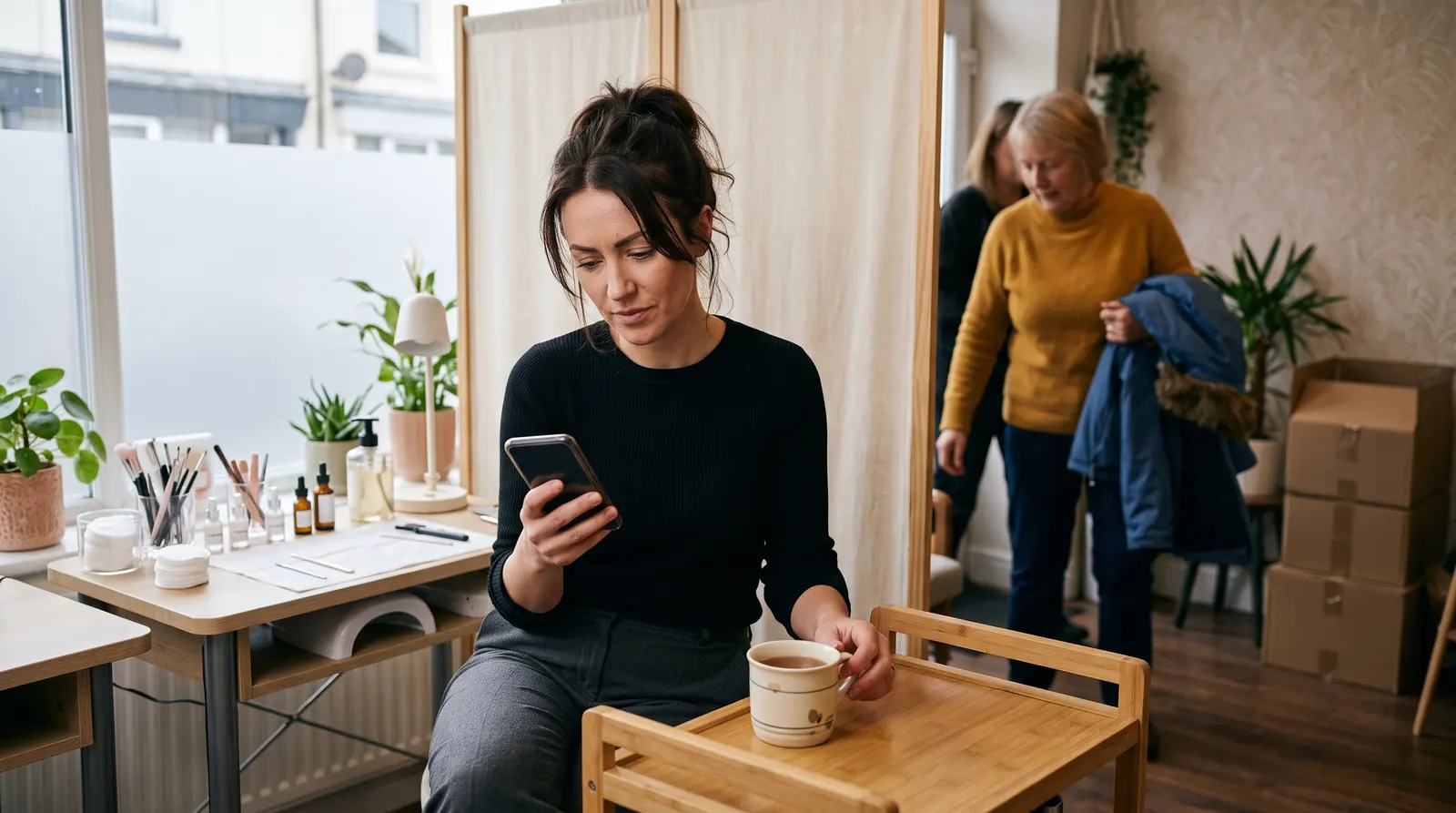 A brow artist checking her phone with a cup of tea while tidying her studio between clients